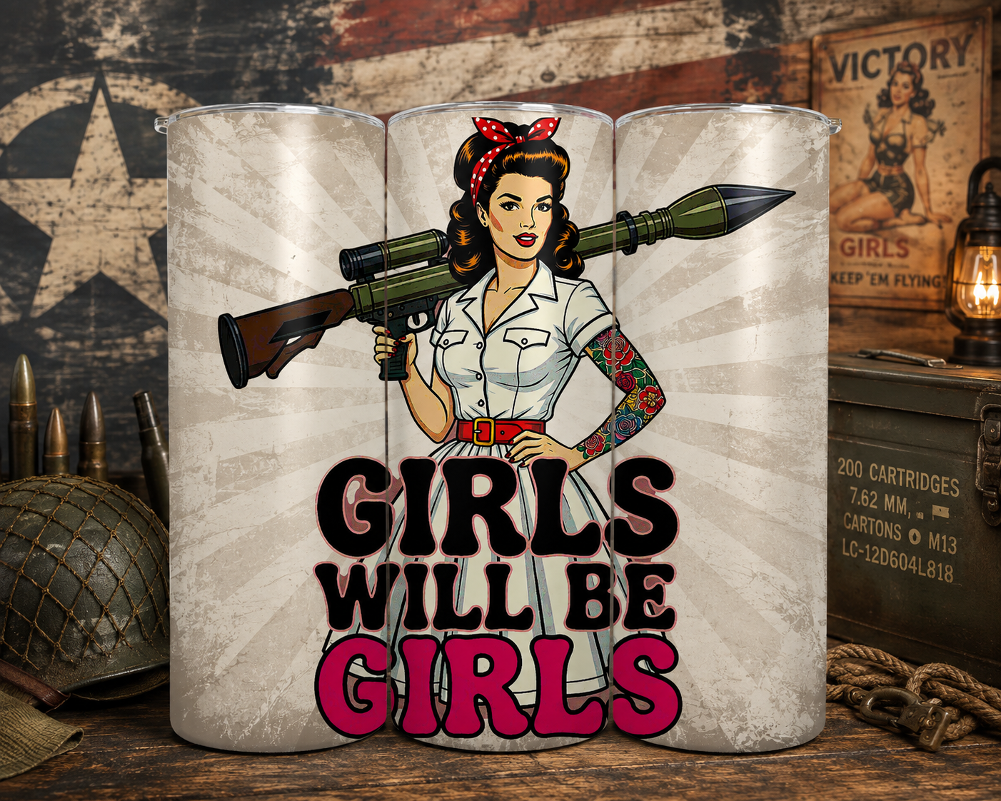 Girls Will Be Girls 20oz Insulated Skinny Tumbler – Vintage Pin-Up Military Rocket Launcher Travel Mug | Stainless Steel Double-Wall Cup