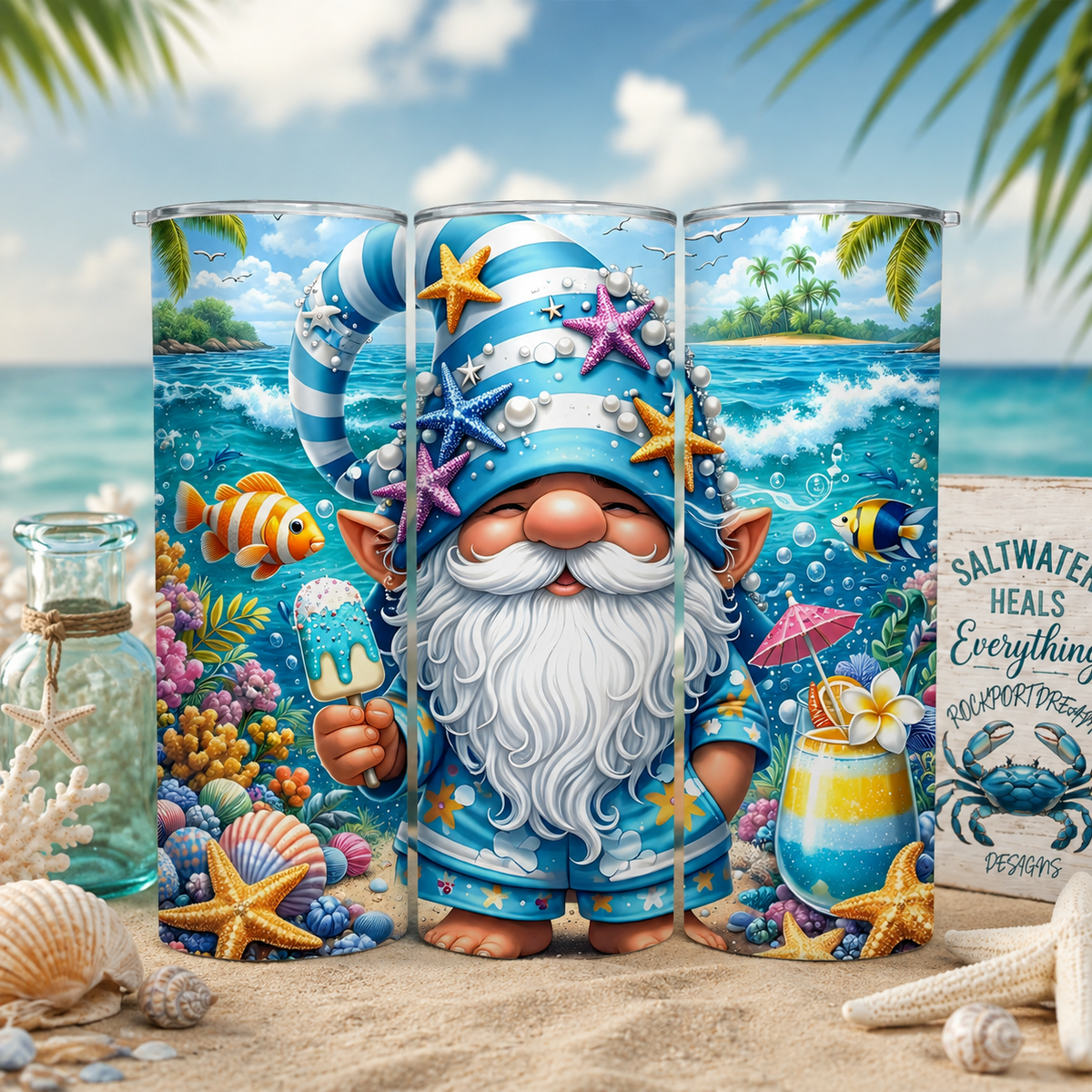 20oz Insulated Tumbler – Whimsical Beach Gnome Design