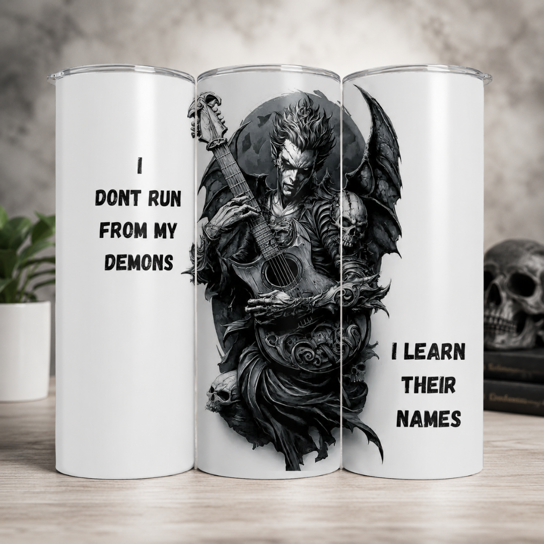 20oz Insulated Stainless Steel Tumbler – “I Don’t Fear My Demons” Rock & Roll Design