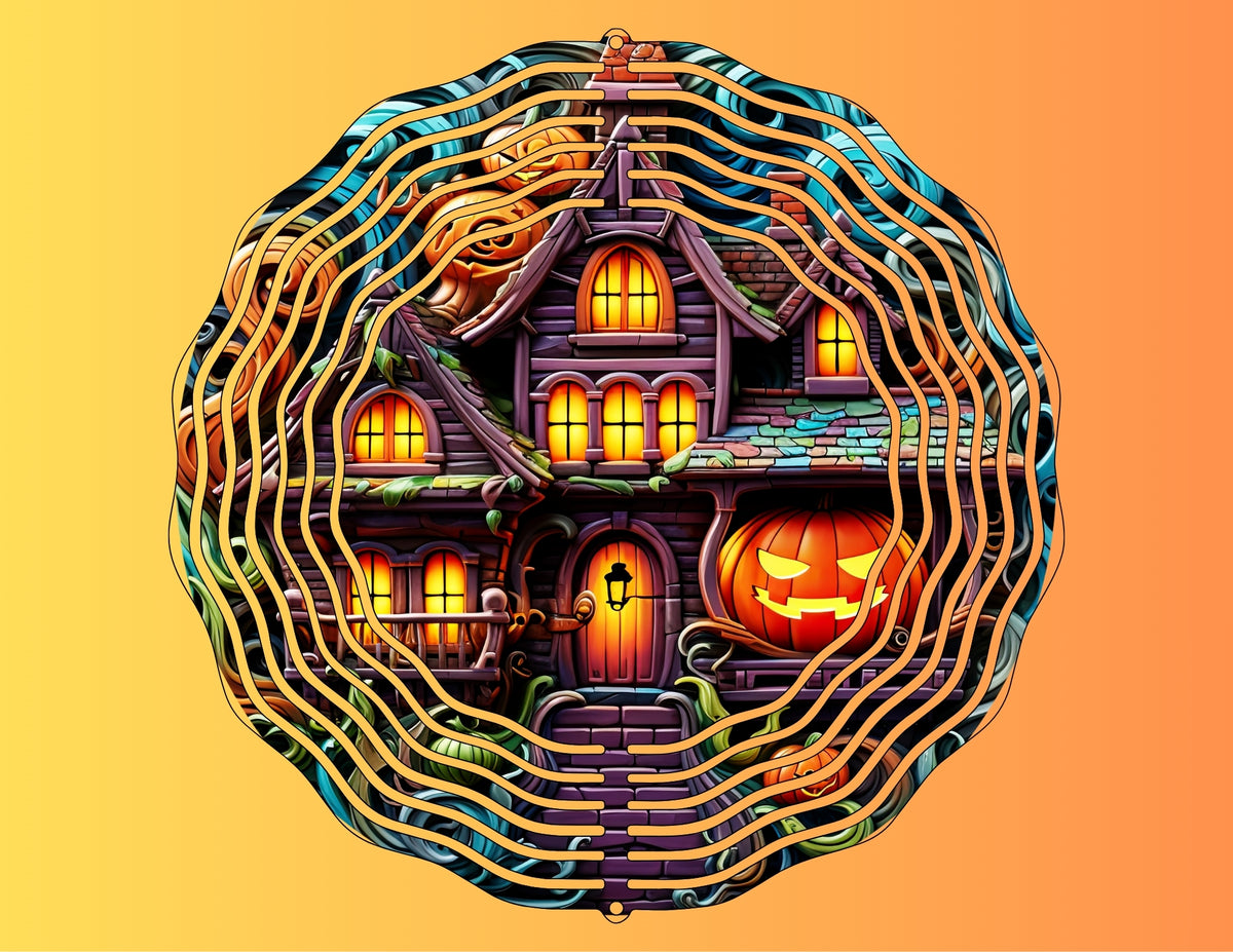 Colorful haunted house Halloween wind spinner with glowing windows, twisted vines and a large jack-o’-lantern