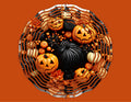 Orange and black pumpkin patch Halloween wind spinner featuring smiling jack-o’-lanterns, gourds and floral accents