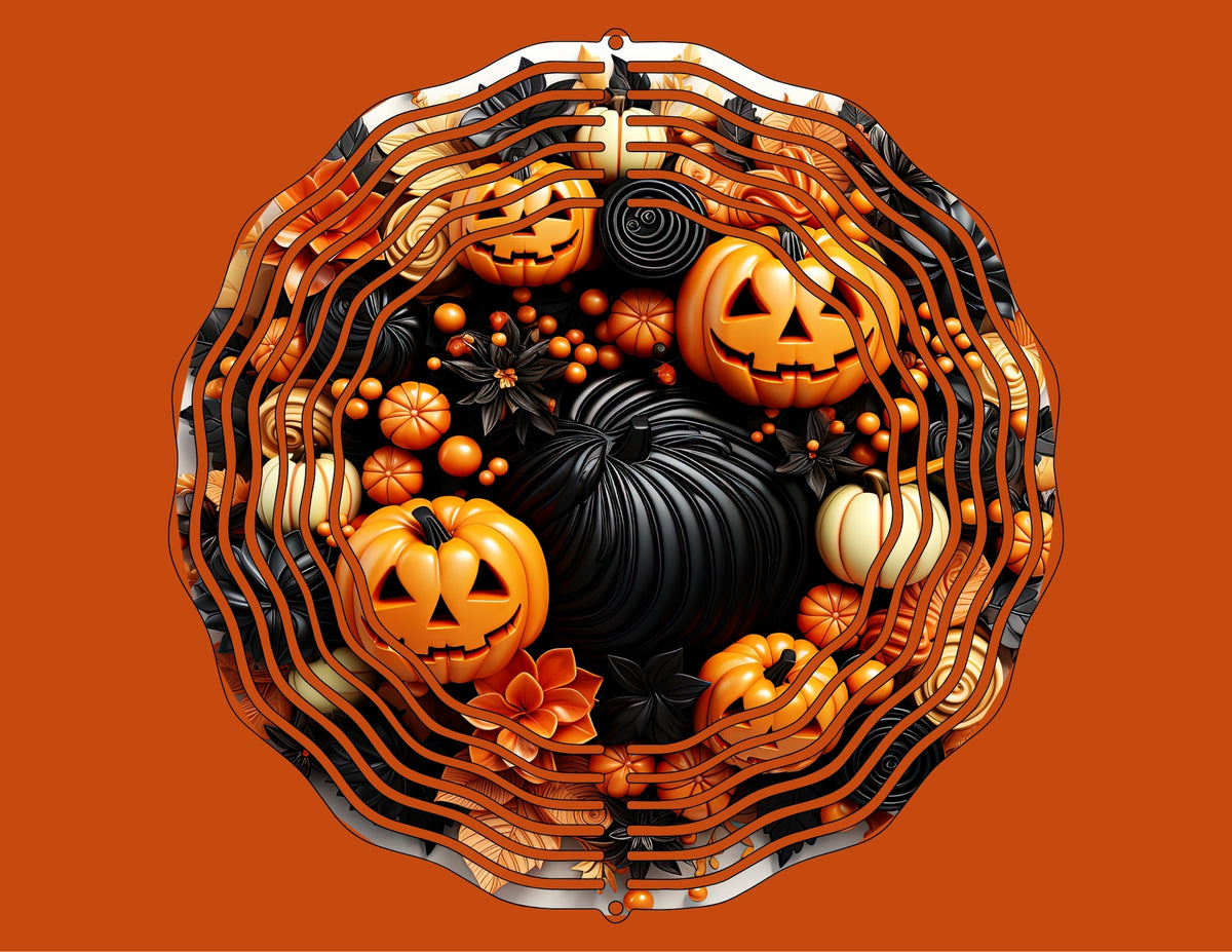 Orange and black pumpkin patch Halloween wind spinner featuring smiling jack-o’-lanterns, gourds and floral accents
