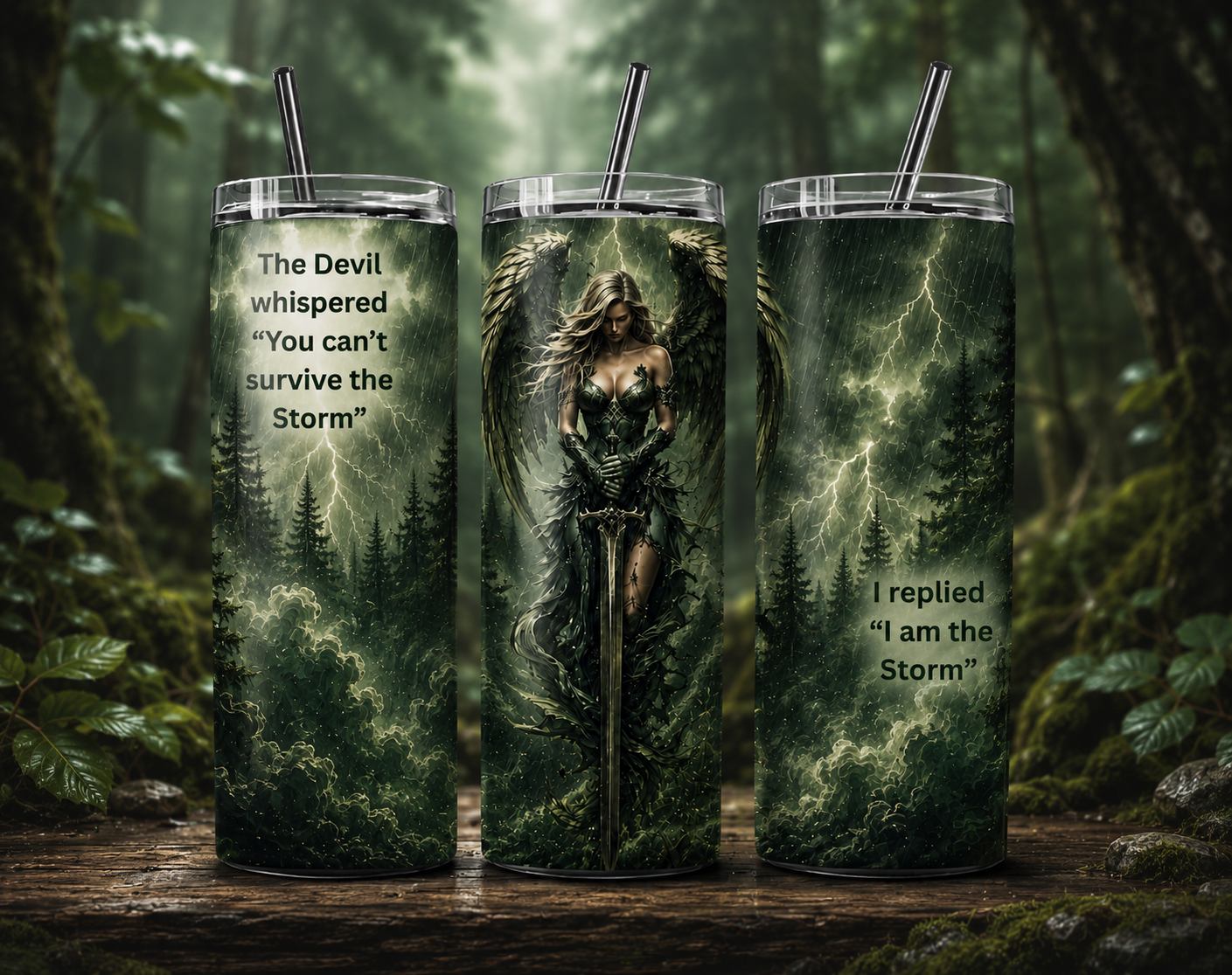 I Am the Storm 20oz Insulated Skinny Tumbler – Inspirational Angel Forest Travel Mug | Stainless Steel Vacuum Insulated Cup