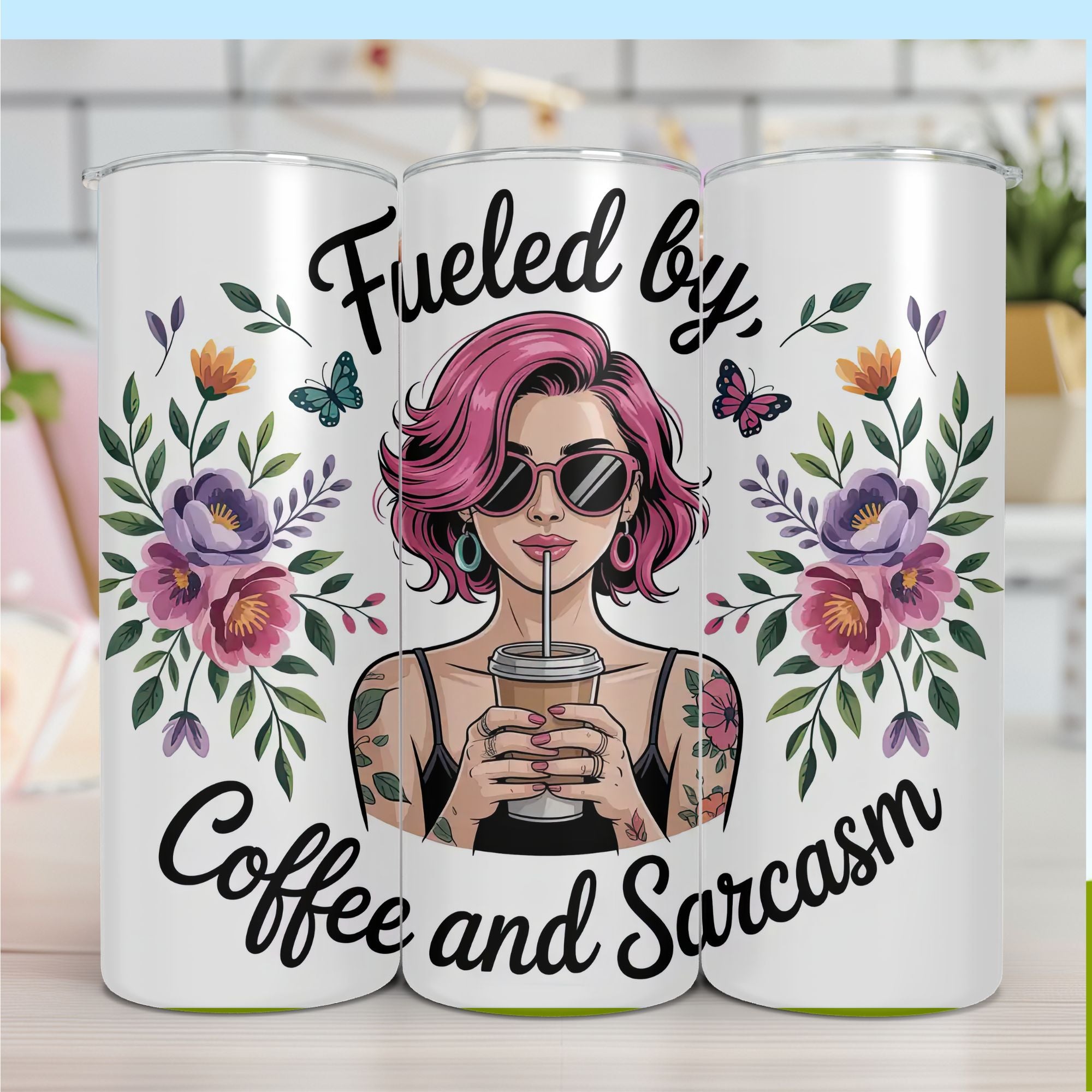 Fueled by Coffee and Sarcasm 20oz Insulated Skinny Tumbler – Funny Coffee Lover Travel Mug | Stainless Steel Floral Cup