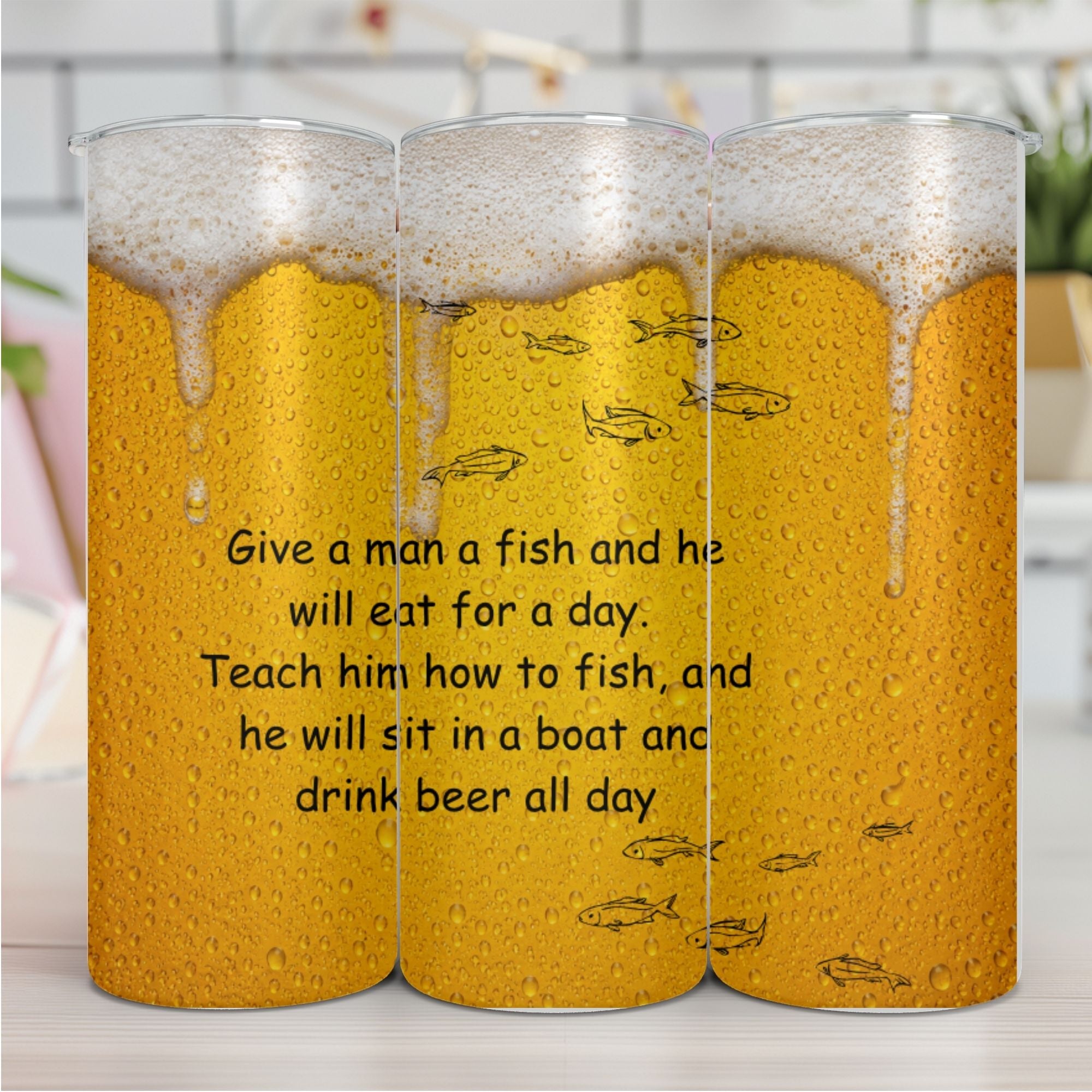 Give a Man a Fish Funny Fishing & Beer 20oz Insulated Skinny Tumbler – Beer-Themed Stainless Steel Travel Mug