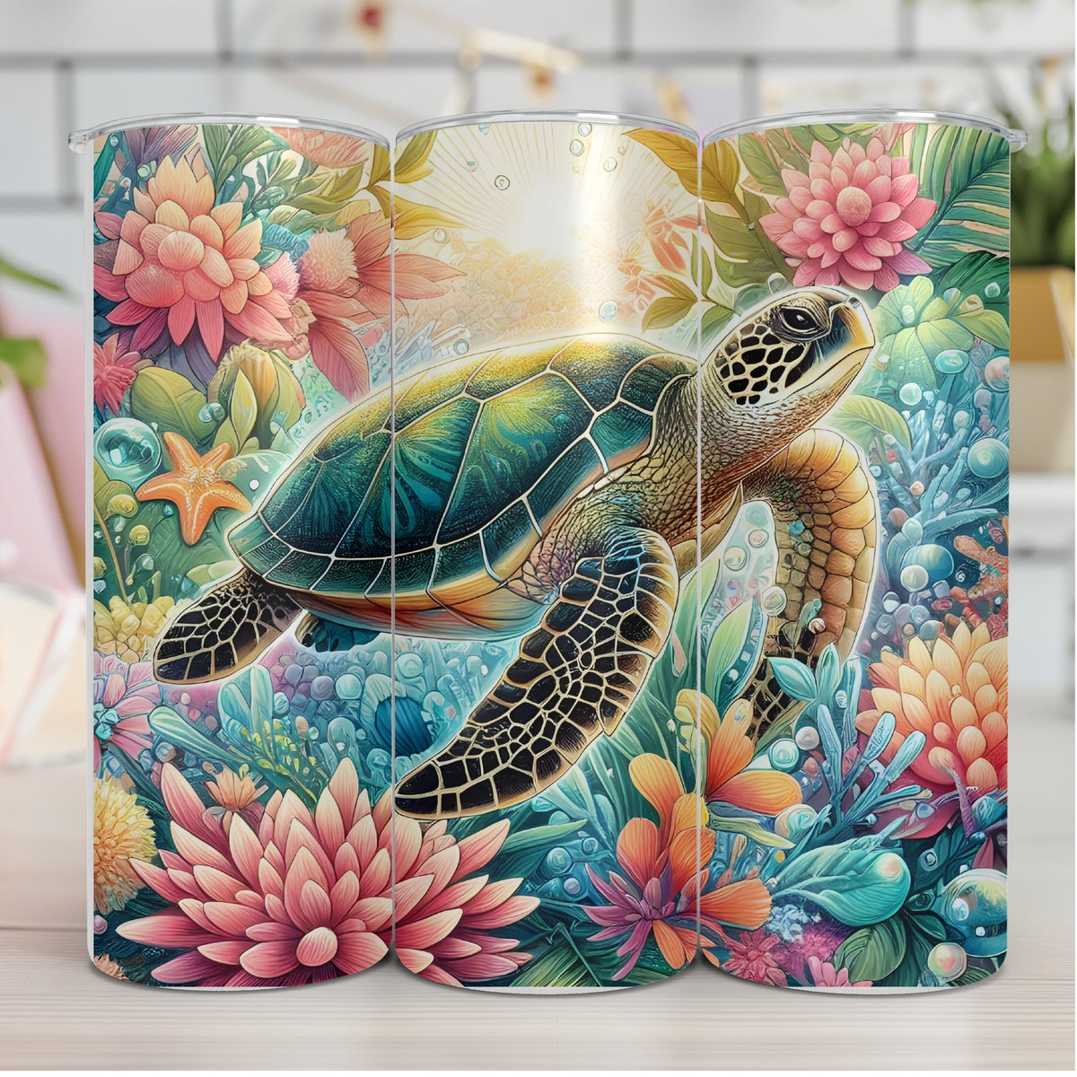 20oz Insulated Tumbler – Tropical Sea Turtle Garden Design