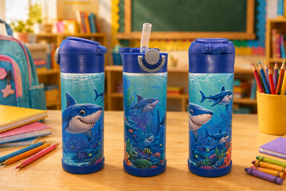 🦈 Dive Into Back-to-School Fun! 12oz Insulated Shark Flip-Top Tumbler