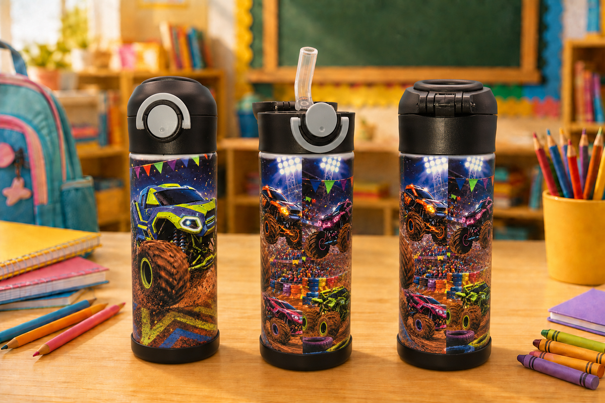 🏁 Rev Up Back-to-School Fun! 12oz Insulated Monster Truck Flip-Top Tumbler