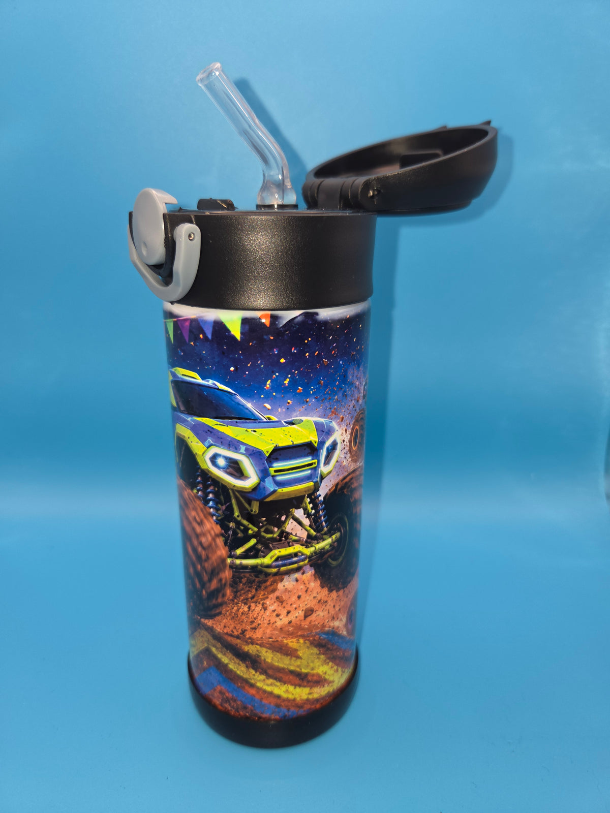 🏁 Rev Up Back-to-School Fun! 12oz Insulated Monster Truck Flip-Top Tumbler