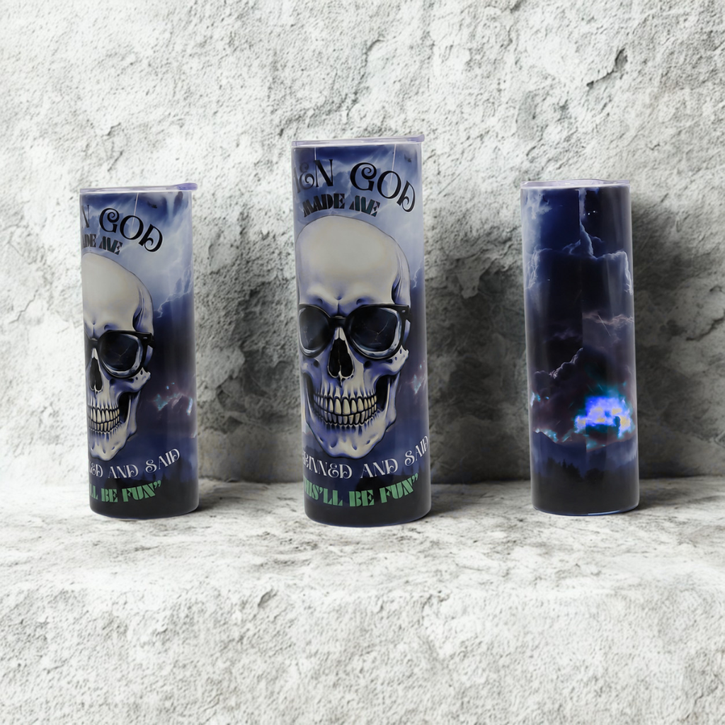 20oz Insulated Stainless Steel Tumbler – “When God Made Me…” Skull Aviator Design