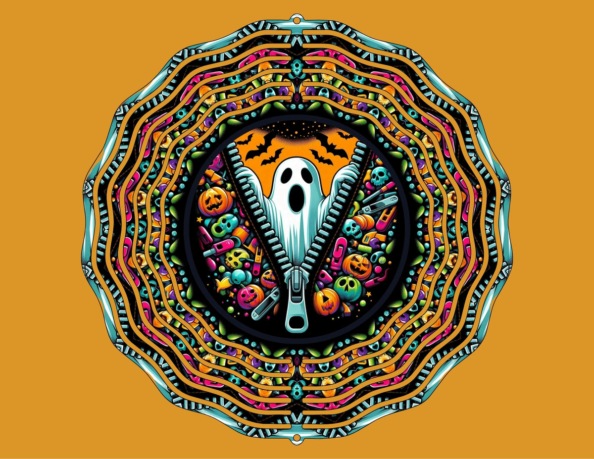 Colorful zipper ghost Halloween wind spinner with pumpkins, bats, skulls and candy on an orange background
